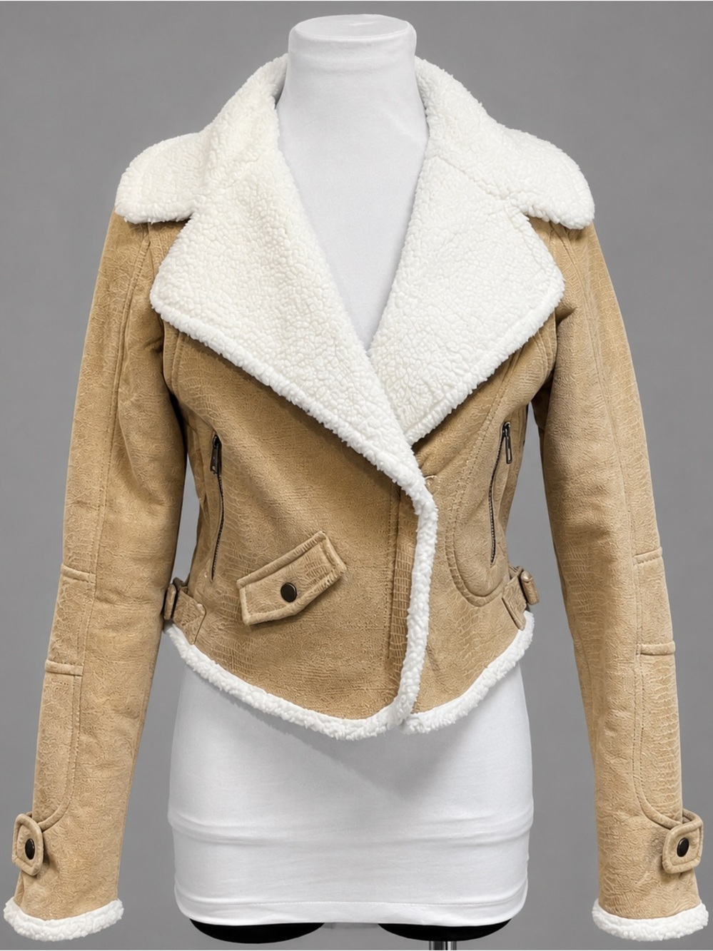 Tan Faux Sherpa Lined Moto Jacket Cropped Biker Coat S/M